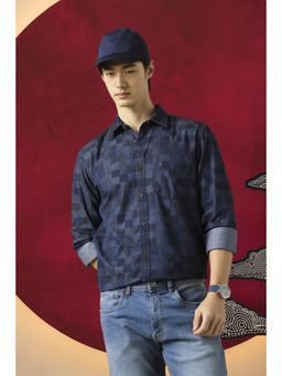 Peter England - Men Navy Blue Slim Fit Checks Full Sleeves Casual Shirt