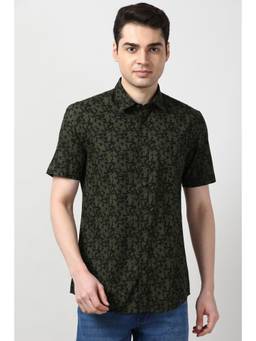 Peter England - Men Olive Slim Fit Printed Half Sleeves Casual Shirt
