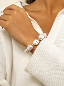 Yellow Chimes - Gold-Toned White Irregular Pearl Beaded Bracelet