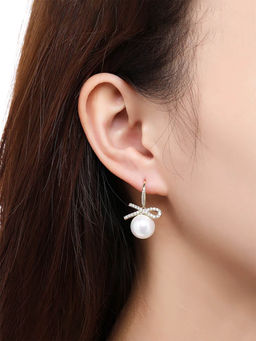 Yellow Chimes - White Pear and Crystal Studded Drop Earrings