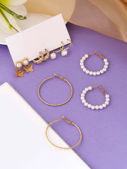 Yellow Chimes - Gold-Plated & White Contemporary Hoop Earrings (Set of 5)