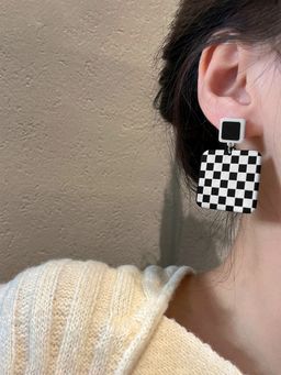 Yellow Chimes - Black & White Geometric Drop Earrings
