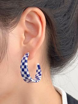 Yellow Chimes - Blue Checked Contemporary Hoop Earrings