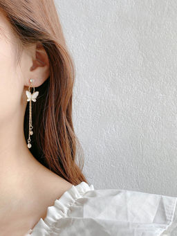 Yellow Chimes - Woman Gold-Toned Crystal Studded Butterfly Dangler Earring