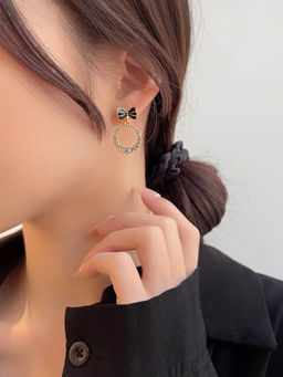 Yellow Chimes - Gold-Toned & Black Crystal Studded Drop Earrings