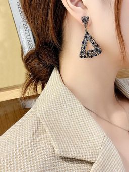 Yellow Chimes - Black Crystal Studded Geometric Drop Earrings