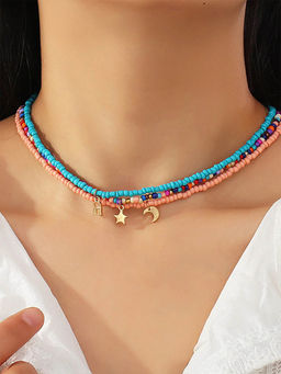 Yellow Chimes - Multi-Coloured Star Moon Lock Shaped Beaded Multilayer Necklace