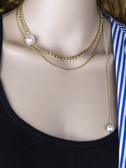 Yellow Chimes - Gold-Plated Pearl Bead Layered Charm Dainty Necklace