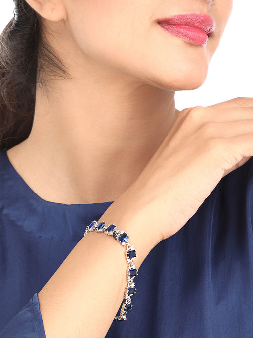 Yellow Chimes Women Blue & Silver-Toned Crystals Rhodium-Plated Link Bracelet