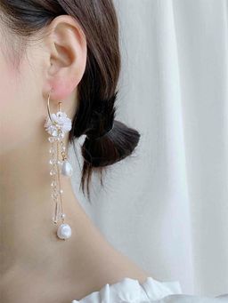 Yellow Chimes - Gold Tone Round Hoop Pearl Drop Dangle Earrings