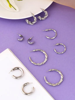 Yellow Chimes - Women Silver-Toned Contemporary Hoop Earrings (Set of 5)
