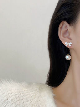 Yellow Chimes - Statement Bow Shaped Stud Pearl Hanging Back Drop Earrings