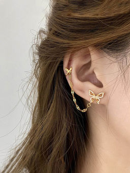 Yellow Chimes - Gold-Plated Butterfly Stud Chain Ear Cuffs Earrings