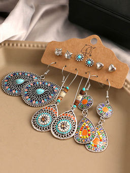 Yellow Chimes - Grey & Blue Teardrop Shaped Drop Earrings (Set of 6)