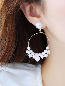 Yellow Chimes - Women Gold-Plated Peart Studded Circular Drop Earrings