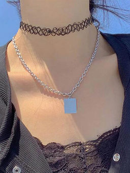 Yellow Chimes - Black Spiralled & Long Silver Tone Chain Charm Hanging Necklace