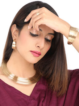 Yellow Chimes - Gold Plated Multilayer String Choker Necklace with Ring Bracelet (Set of 4)