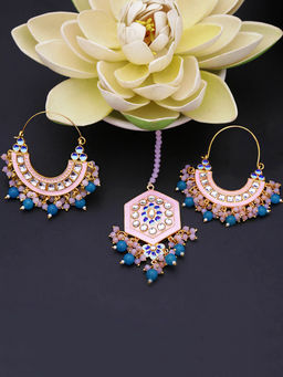 Yellow Chimes - Women Gold Plated Stone Studded Minakari Chand Bali Earrings & Maang Tikka (Set of 2)