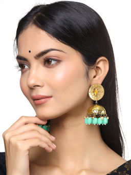 Yellow Chimes - Gold-Plated Green Contemporary Jhumkas Earrings