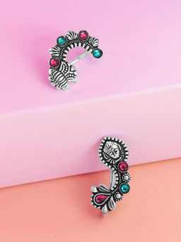 Yellow Chimes - Oxidised Silver-Plated Kundan Studded Clip-On Nose Pin (Set of 2)