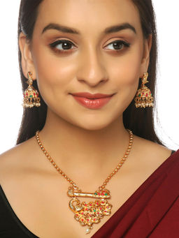 Yellow Chimes - Gold-Plated Kundan Studded & Beaded Peacock Design Oxidised Jewellery (Set of 2)