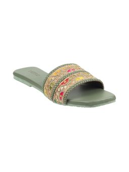 Metro - Womens Green Flat Mules Metro Women Green Synthetic Embellished Flats