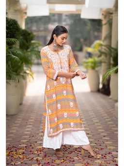 RANGREZA ETHNIC - Leher Mustard Chikankari Rayon Kurta