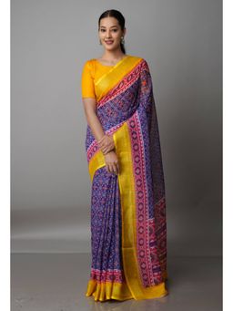 Unnati Silks - Navy Blue Digital Printed Linen Saree with Unstitched Blouse