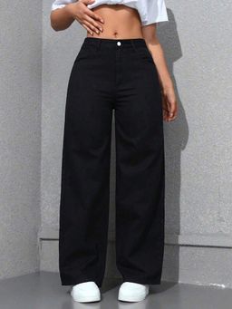 Buynewtrend - Black Casual Women Wide Leg High Waist Denim Jeans