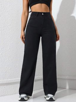 Buynewtrend - Black Casual Women Wide Leg High Waist Denim Jeans