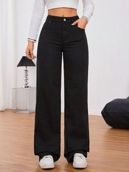 Buynewtrend - Black Casual Women Wide Leg High Waist Denim Jeans