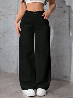Buynewtrend - Black Casual Women Wide Leg High Waist Denim Jeans