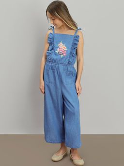 VERO MODA - Girl Blue Embroidered Print Denim Jumpsuit
