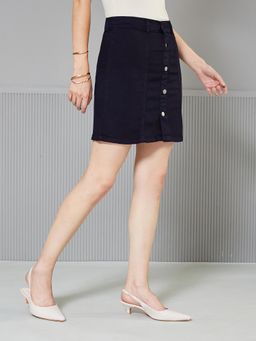 Miss Chase - Women Navy Blue Stretchable Solid A-Line Mini Denim Skirt
