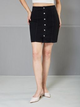Miss Chase - Women Black Stretchable Solid A-Line Mini Denim Skirt
