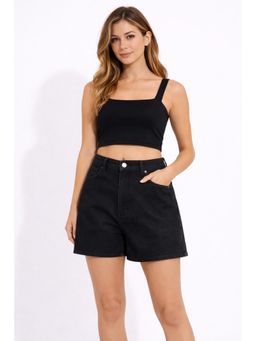 NOBARR - Women Black Cotton Blend Denim Shorts