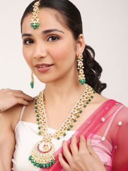 Khushi Jewels - Long Traditional Bridal Kundan Set with Green Drops