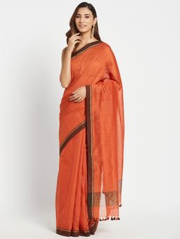 Fabindia - Orange Viscose Blend Hand Sequined Saree without Blouse