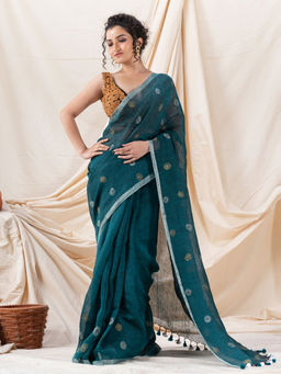 Angoshobha - Traditional Deep Teal Linen Jamdani Saree with Unstitched Blouse