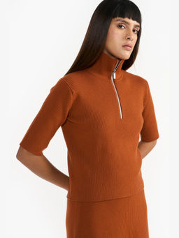 Perona - Madilynn Brown High Neck Half Sleeves Top