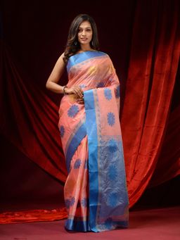 CHARUKRITI - Peach Tusser Silk Woven Floral Motifs and Paisley Borders Saree