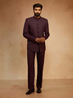 Vastramay - Men Wine Solid Jute Bandhgala with Pant
