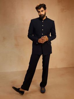 Vastramay - Men Navy Blue Solid Bandhgala with Pant
