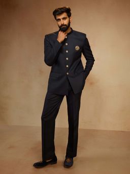 Vastramay - Men Navy Blue Solid Bandhgala with Pant
