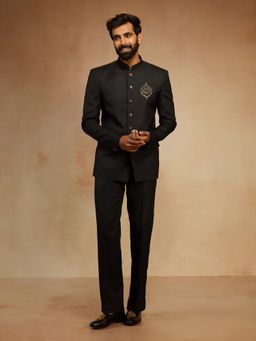 Vastramay - Men Black Zardozi Sequin Bandhgala with Pant