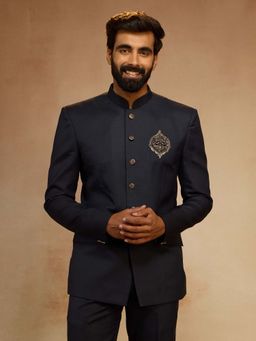 Vastramay - Men Navy Blue Zardozi Sequin Bandhgala