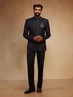 Vastramay - Men Navy Blue Zardozi Sequin Bandhgala with Pant