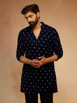 Vastramay - Men Navy Blue Velvet Floral Sequin and Bead Kurta