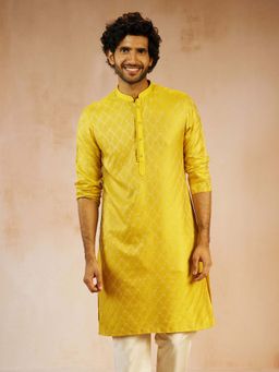 Vastramay - Men Yellow Jacquard Silk Blend Straight Kurta