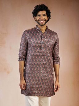 Vastramay - Men Navy Blue Ethnic Motif Silk Blend Straight Kurta